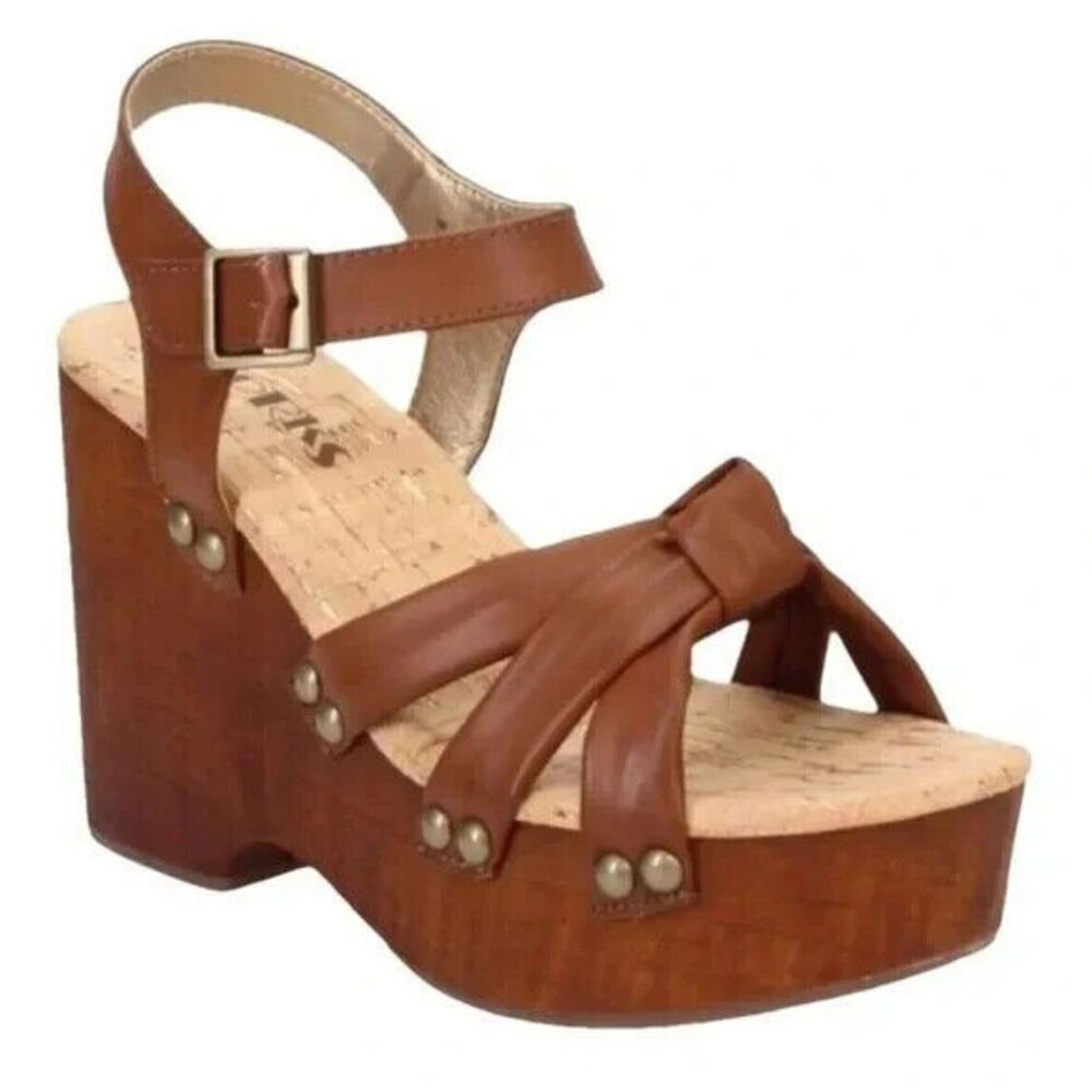 Korks Women's Dawson Cork Soles Sedge Sandals Leather Brown Size 9M